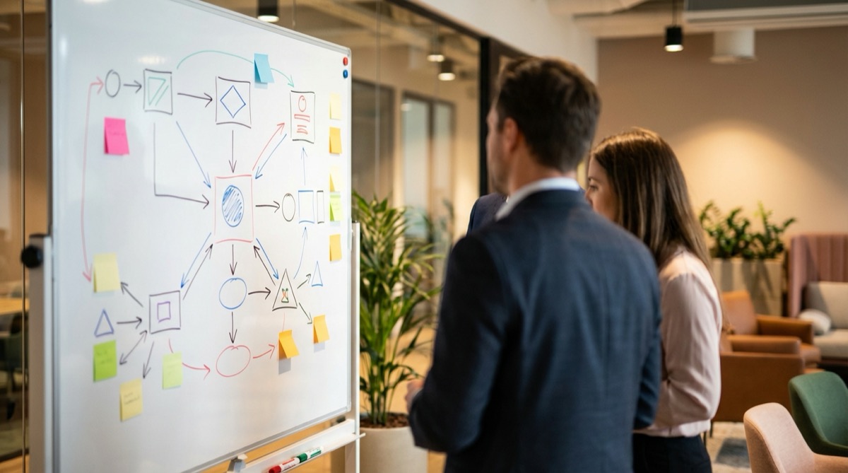Modern office with strategy whiteboard