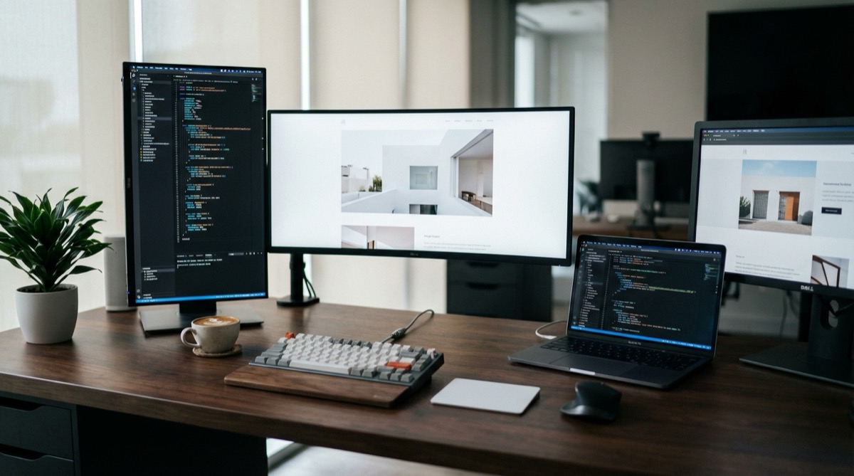 Modern web design workspace with multiple screens showing website layouts
